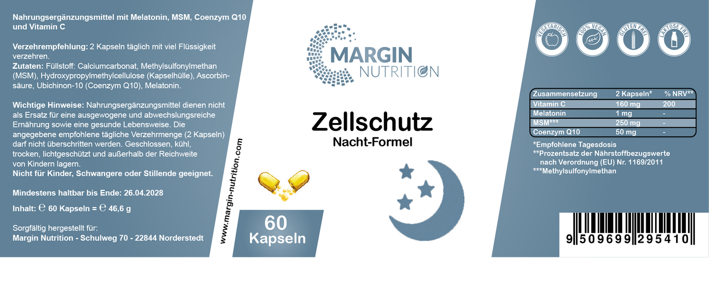 Zellschutz Nacht-Formel / Mit Melatonin, MSM, Coenzym Q10 und Vitamin C (30, 60, 2x60, 3x60 Vegane Kapseln)