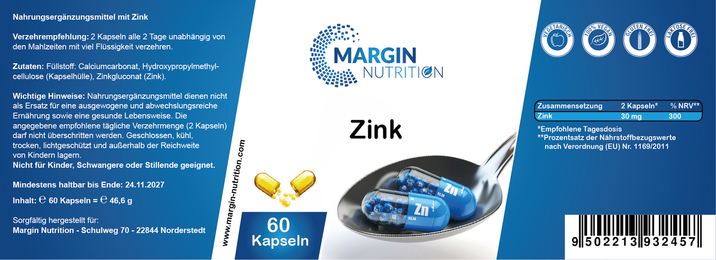 Zink / Hochdosiert 30 Mg pro Tagesdosis (30, 60, 2x60, 3x60 Vegane Kapseln)