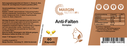 Anti-Falten Komplex / Mit Vitamin C, Vitamin E, Zink, Vitamin B7 (Biotin) und Oligomere Proanthocyanidine (OPC) (30, 60, 2x60, 3x60 Vegane Kapseln)