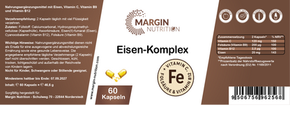 Eisen-Komplex / Mit Eisen, Vitamin C, Vitamin B9 (Folsäure), Vitamin B12 (30, 60, 2x60, 3x60 Vegane Kapseln)