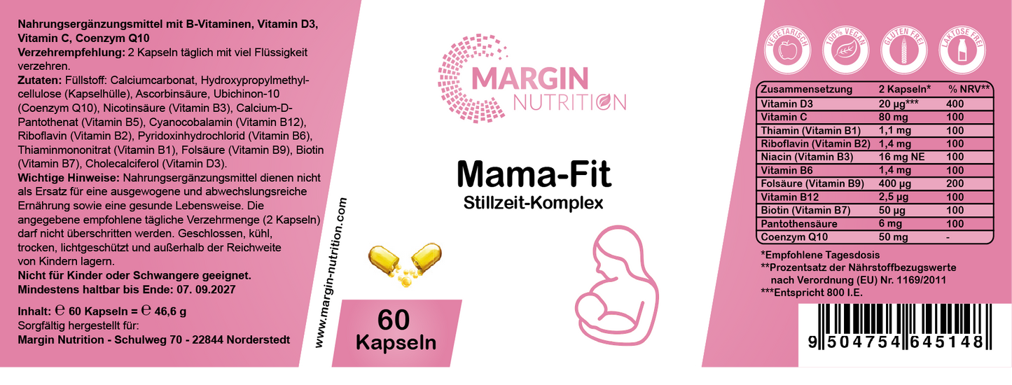 Mama-Fit Stillzeit-Komplex – Mit allen 8 B-Vitaminen, Vitamin C, Vitamin D3 und Coenzym Q10 | 30, 60, 2×60, 3×60 vegane Kapseln