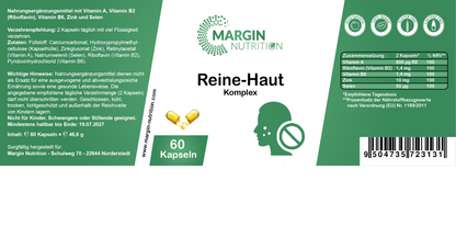 Reine-Haut Komplex / Mit Vitamin A, Vitamin B2 (Riboflavin), Vitamin B6, Zink und Selen (30, 60, 2x60, 3x60 Vegane Kapseln)