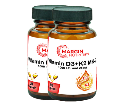 Vitamin D3+K2 MK-7 / 1.000 I.E. Vitamin D3 und 25 µg Vitamin K2 MK-7 pro Tagesdosis (30, 60, 2x60, 3x60 Vegane Kapseln)