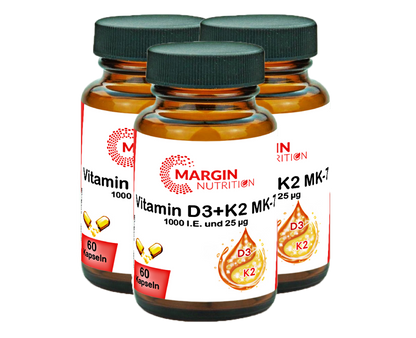 Vitamin D3+K2 MK-7 / 1.000 I.E. Vitamin D3 und 25 µg Vitamin K2 MK-7 pro Tagesdosis (30, 60, 2x60, 3x60 Vegane Kapseln)