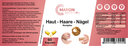 Haut-Haare-Nägel Komplex / Mit Vitamin C, Vitamin B5 (Pantothensäure), Vitamin B7 (Biotin), Vitamin B9 (Folsäure), Zink, Eisen und Traubenkernextrakt (OPC) (30, 60, 2x60, 3x60 Vegane Kapseln)