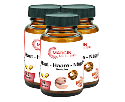 Haut-Haare-Nägel Komplex / Mit Vitamin C, Vitamin B5 (Pantothensäure), Vitamin B7 (Biotin), Vitamin B9 (Folsäure), Zink, Eisen und Traubenkernextrakt (OPC) (30, 60, 2x60, 3x60 Vegane Kapseln)