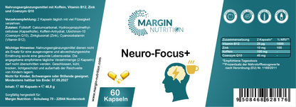 Neuro-Focus+ / Mit Koffein, Vitamin B12, Coenzym Q10 und Zink (30, 60, 2x60, 3x60 Vegane Kapseln)