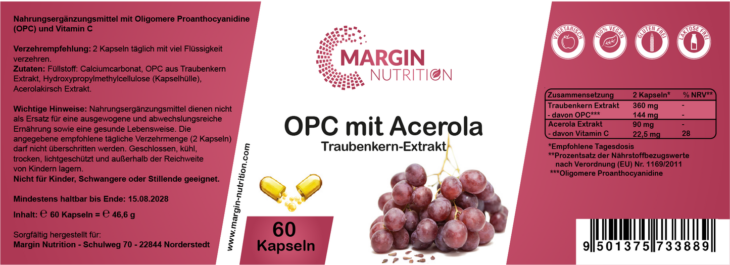 OPC Traubenkern-Extrakt mit Acerola-Extrakt / Hochdosiert 360 mg Traubenkern-Extrakt und 90 mg Acerola-Extrakt pro Tagesdosis (30, 60, 2x60, 3x60 Vegane Kapseln)
