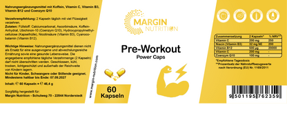 Pre-Workout Power-Caps / Mit Koffein, Vitamin B3 (Niacin), Vitamin B12, Vitamin C und Coenzym Q10 (30, 60, 2x60, 3x60 Vegane Kapseln)