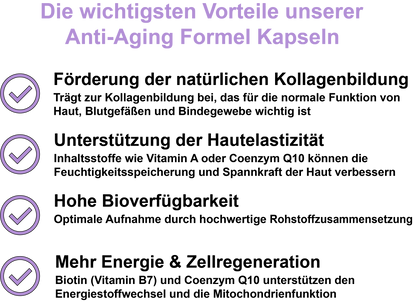Anti-Aging Formel / Mit Coenzym Q10, Vitamin A, Vitamin E, Vitamin C, Vitamin B7 (Biotin) und Traubenkernextrakt (OPC) (30, 60, 2x60, 3x60 Vegane Kapseln)