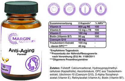 Anti-Aging Formel / Mit Coenzym Q10, Vitamin A, Vitamin E, Vitamin C, Vitamin B7 (Biotin) und Traubenkernextrakt (OPC) (30, 60, 2x60, 3x60 Vegane Kapseln)
