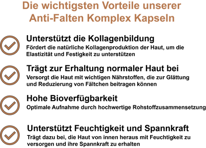 Anti-Falten Komplex / Mit Vitamin C, Vitamin E, Zink, Vitamin B7 (Biotin) und Oligomere Proanthocyanidine (OPC) (30, 60, 2x60, 3x60 Vegane Kapseln)