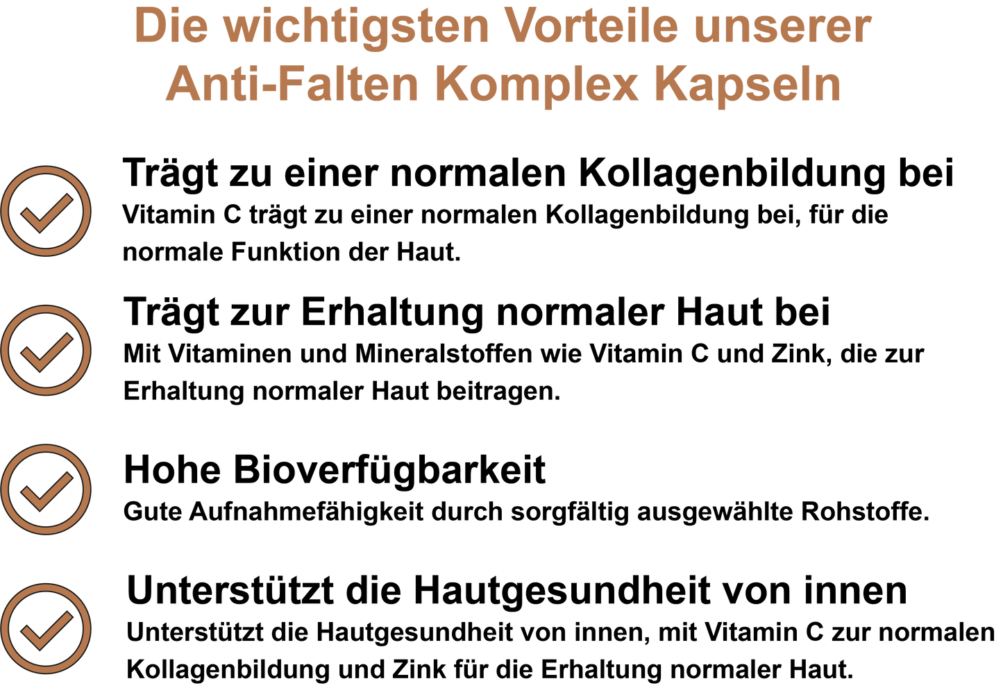 Anti-Falten Komplex – Mit Vitamin C, Vitamin E, Zink, Vitamin B7 (Biotin) und Oligomere Proanthocyanidine (OPC) | 30, 60, 2×60, 3×60 vegane Kapseln