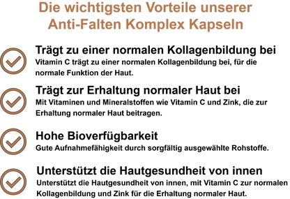 Anti-Falten Komplex – Mit Vitamin C, Vitamin E, Zink, Vitamin B7 (Biotin) und Oligomere Proanthocyanidine (OPC) | 30, 60, 2×60, 3×60 vegane Kapseln