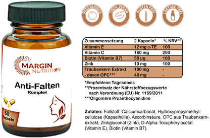 Anti-Falten Komplex / Mit Vitamin C, Vitamin E, Zink, Vitamin B7 (Biotin) und Oligomere Proanthocyanidine (OPC) (30, 60, 2x60, 3x60 Vegane Kapseln)