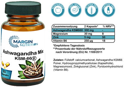Ashwagandha Mix KSM-66® / Mit Ashwagandha KSM-66®, Magnesium, Zink und Vitamin B6 (30, 60, 2x60, 3x60 Vegane Kapseln)