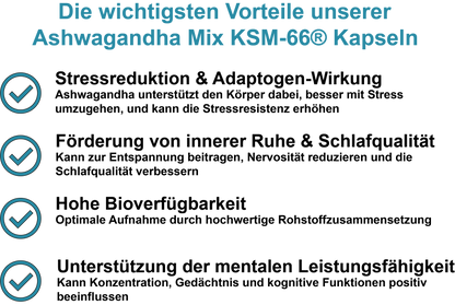 Ashwagandha Mix KSM-66® / Mit Ashwagandha KSM-66®, Magnesium, Zink und Vitamin B6 (30, 60, 2x60, 3x60 Vegane Kapseln)