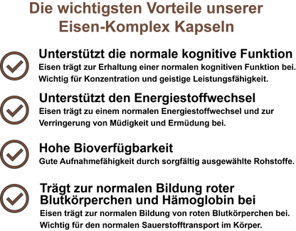Eisen-Komplex – Mit Eisen, Vitamin C, Vitamin B9 (Folsäure), Vitamin B12 | 30, 60, 2×60, 3×60 vegane Kapseln