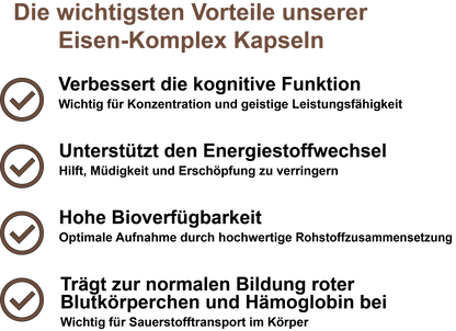 Eisen-Komplex / Mit Eisen, Vitamin C, Vitamin B9 (Folsäure), Vitamin B12 (30, 60, 2x60, 3x60 Vegane Kapseln)