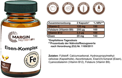 Eisen-Komplex / Mit Eisen, Vitamin C, Vitamin B9 (Folsäure), Vitamin B12 (30, 60, 2x60, 3x60 Vegane Kapseln)