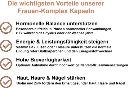 Frauen-Komplex / Mit allen 8 B-Vitaminen, Eisen und Zink (30, 60, 2x60, 3x60 Vegane Kapseln)