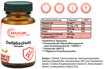 Gefäßschutz Komplex / Mit Vitamin C, Selen, Vitamin E, Vitamin D3 und Oligomere Proanthocyanidine (30, 60, 2x60, 3x60 Vegane Kapseln)