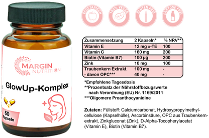 GlowUp-Komplex / Mit Vitamin B7 (Biotin), Vitamin C, Vitamin E, Zink und Oligomere Proanthocyanidine (OPC) (30, 60, 2x60, 3x60 Vegane Kapseln)