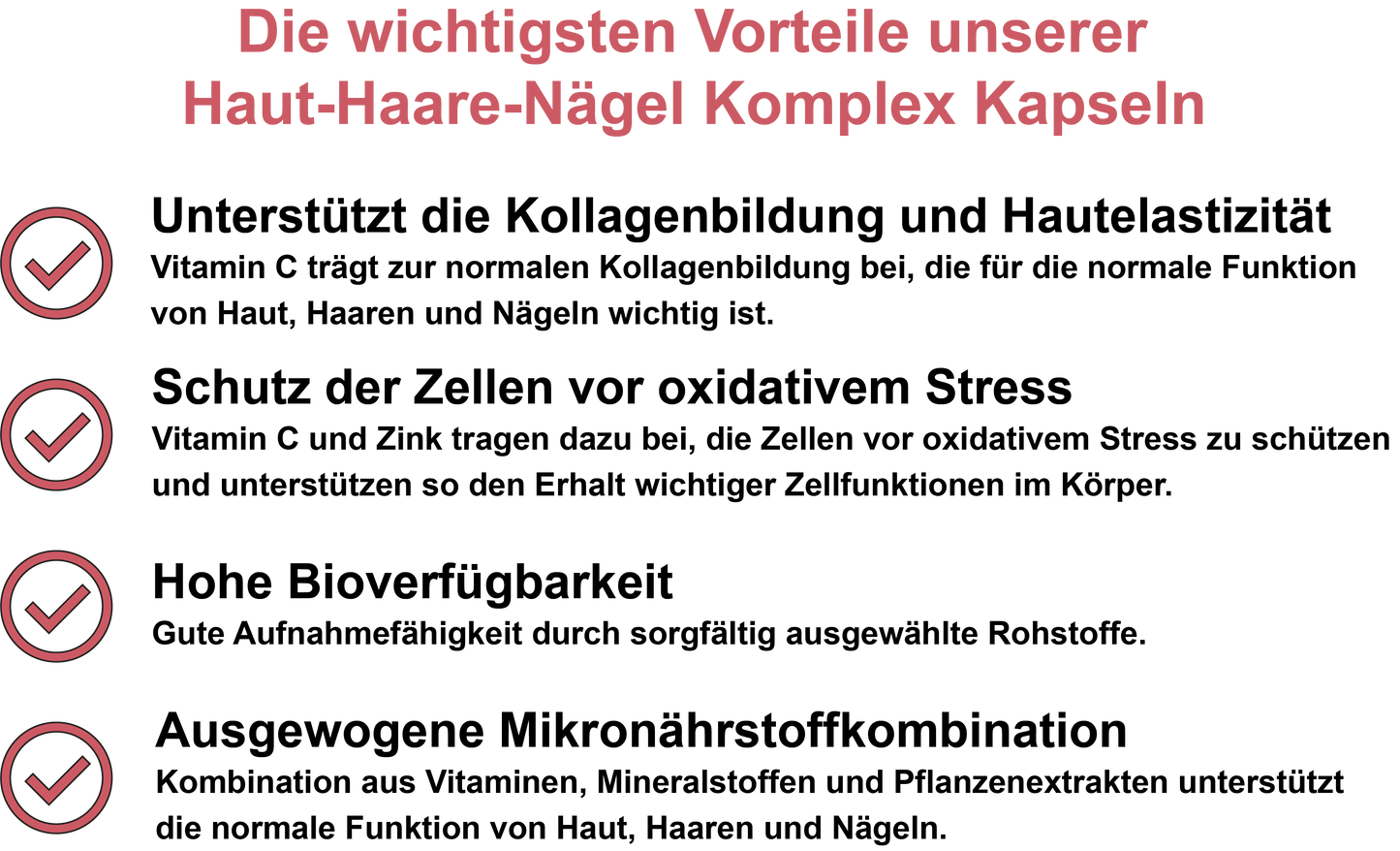 Haut-Haare-Nägel Komplex – Mit Vitamin C, Vitamin B5 (Pantothensäure), Vitamin B7 (Biotin), Vitamin B9 (Folsäure), Zink, Eisen und Traubenkernextrakt (OPC) | 30, 60, 2×60, 3×60 vegane Kapseln