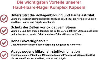 Haut-Haare-Nägel Komplex – Mit Vitamin C, Vitamin B5 (Pantothensäure), Vitamin B7 (Biotin), Vitamin B9 (Folsäure), Zink, Eisen und Traubenkernextrakt (OPC) | 30, 60, 2×60, 3×60 vegane Kapseln