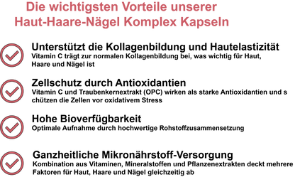 Haut-Haare-Nägel Komplex / Mit Vitamin C, Vitamin B5 (Pantothensäure), Vitamin B7 (Biotin), Vitamin B9 (Folsäure), Zink, Eisen und Traubenkernextrakt (OPC) (30, 60, 2x60, 3x60 Vegane Kapseln)