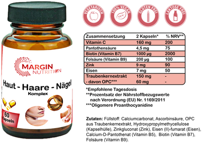 Haut-Haare-Nägel Komplex / Mit Vitamin C, Vitamin B5 (Pantothensäure), Vitamin B7 (Biotin), Vitamin B9 (Folsäure), Zink, Eisen und Traubenkernextrakt (OPC) (30, 60, 2x60, 3x60 Vegane Kapseln)