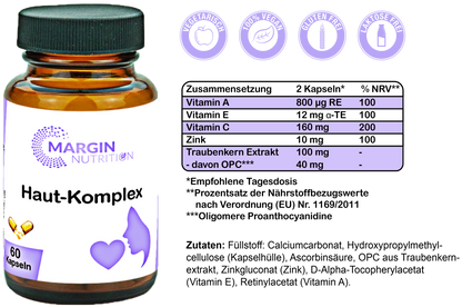 Haut-Komplex / Mit Vitamin A, Vitamin E, Vitamin C, Zink und Oligomere Proanthocyanidine (OPC) (30, 60, 2x60, 3x60 Vegane Kapseln)