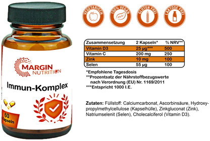 Immun-Komplex / Mit Vitamin C, Vitamin D3, Zink und Selen (30, 60, 2x60, 3x60 Vegane Kapseln)