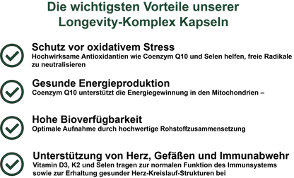 Longevity-Komplex / Mit Vitamin D3, Vitamin K2 MK-7, Coenzym Q10 und Selen (30, 60, 2x60, 3x60 Vegane Kapseln