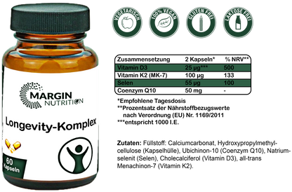 Longevity-Komplex / Mit Vitamin D3, Vitamin K2 MK-7, Coenzym Q10 und Selen (30, 60, 2x60, 3x60 Vegane Kapseln