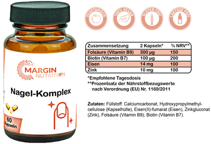 Nagel-Komplex / Mit Eisen, Zink, Vitamin B7 (Biotin) und Vitamin B9 (Folsäure) (30, 60, 2x60, 3x60 Vegane Kapseln)