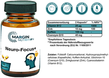 Neuro-Focus+ / Mit Koffein, Vitamin B12, Coenzym Q10 und Zink (30, 60, 2x60, 3x60 Vegane Kapseln)