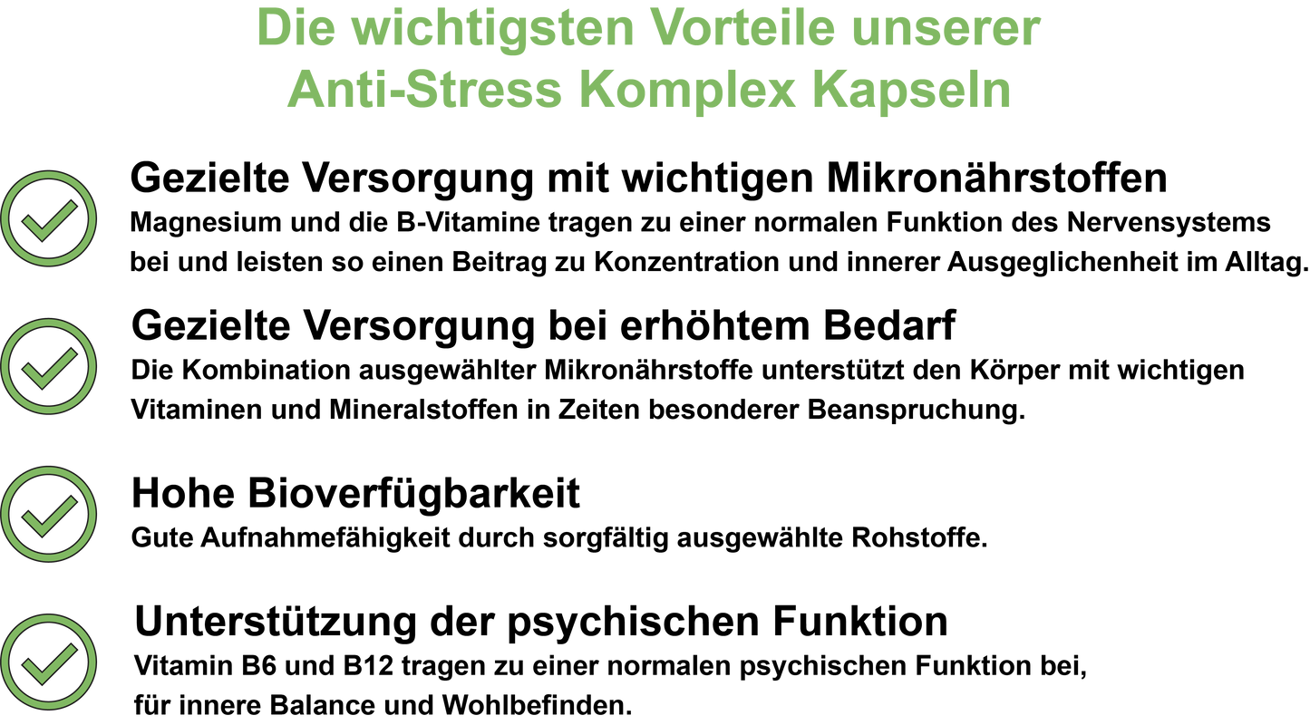 Anti-Stress Komplex – Mit Vitamin B12, Magnesium, Ashwagandha und Vitamin B6 | 30, 60, 2×60, 3×60 vegane Kapseln