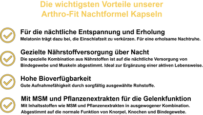 Arthro-Fit Nachtformel – Mit Magnesium, MSM, Melatonin und Oligomere Proanthocyanidine (OPC) | 30, 60, 2×60, 3×60 vegane Kapseln