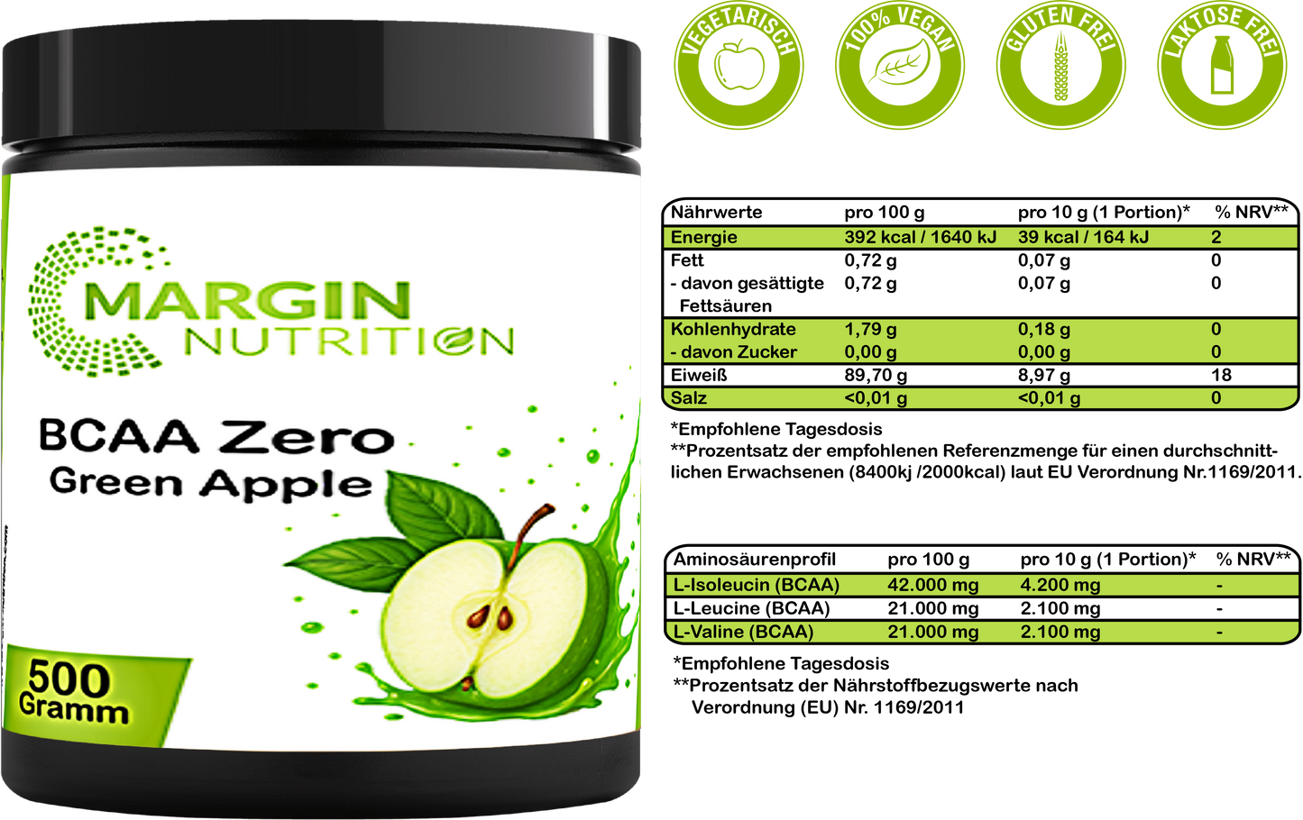 BCAA Zero Green Apple – Zuckerfreies BCAA-Pulver | 250 g, 500 g, 2×500 g, 4×500 g