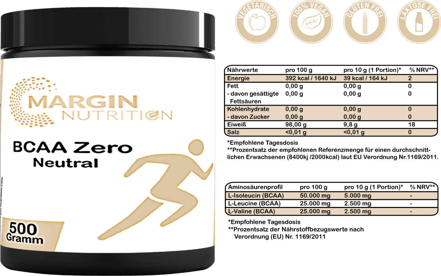 BCAA Zero Neutral – Zuckerfreies BCAA-Pulver ohne Geschmack | 250 g, 500 g, 2×500 g, 4×500 g