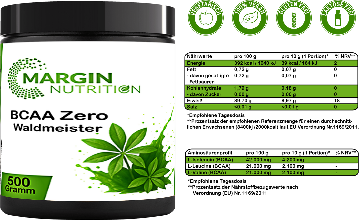 BCAA Zero Waldmeister – Zuckerfreies BCAA-Pulver | 250 g, 500 g, 2×500 g, 4×500 g