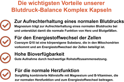 Blutdruck-Balance Komplex / Mit Coenzym Q10, Magnesium und Vitamin C (30, 60, 2x60, 3x60 Vegane Kapseln)