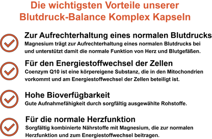 Blutdruck-Balance Komplex – Mit Coenzym Q10, Magnesium und Vitamin C | 30, 60, 2×60, 3×60 vegane Kapseln