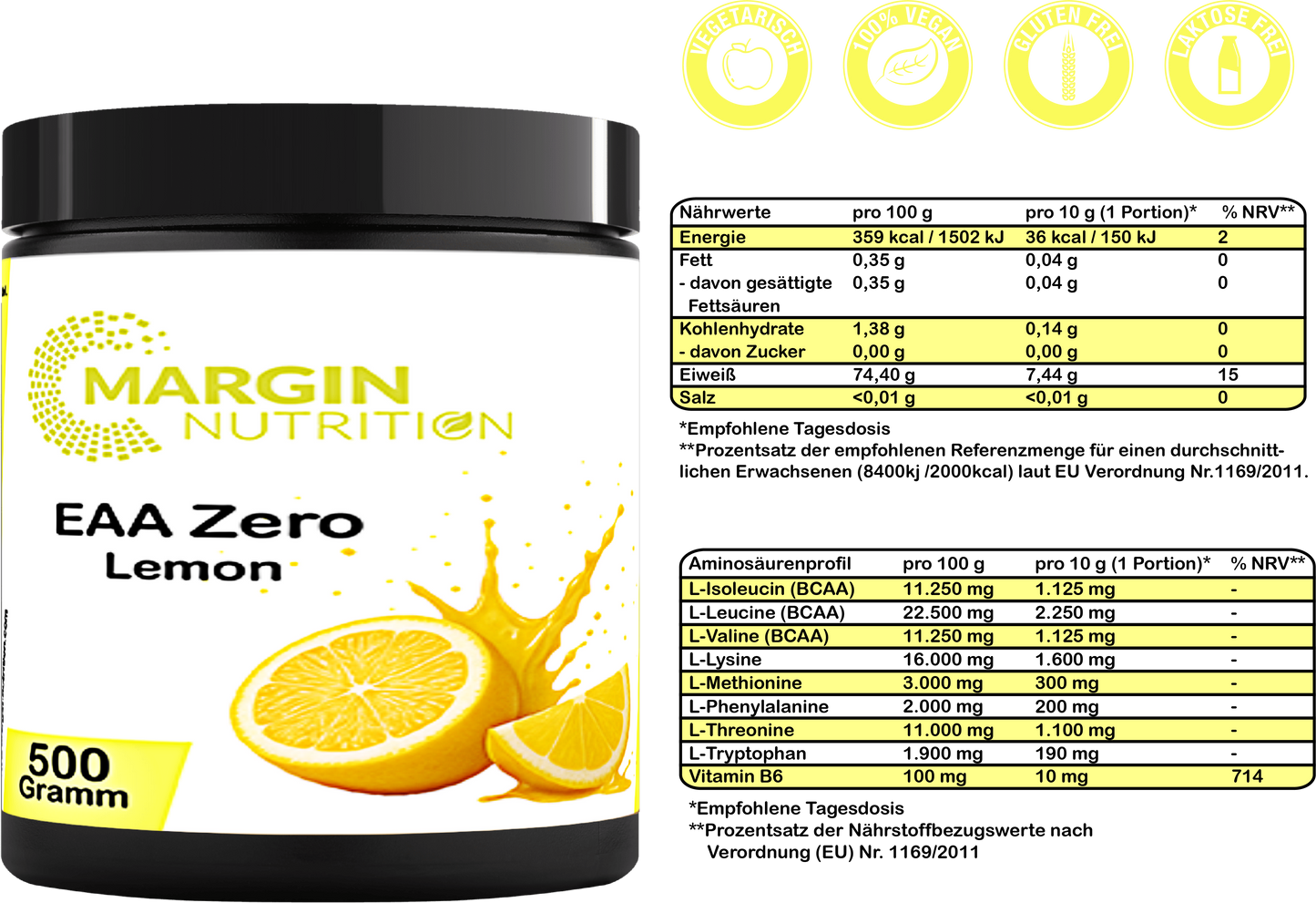 EAA Zero Lemon – Essentielle Aminosäuren ohne Zucker | 250 g, 500 g, 2×500 g, 4×500 g