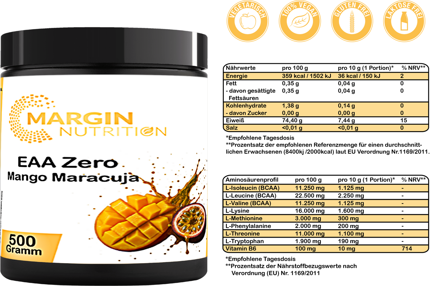 EAA Zero Mango Maracuja – Essentielle Aminosäuren ohne Zucker | 250 g, 500 g, 2×500 g, 4×500 g