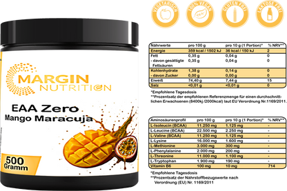 EAA Zero Mango Maracuja – Essentielle Aminosäuren ohne Zucker | 250 g, 500 g, 2×500 g, 4×500 g