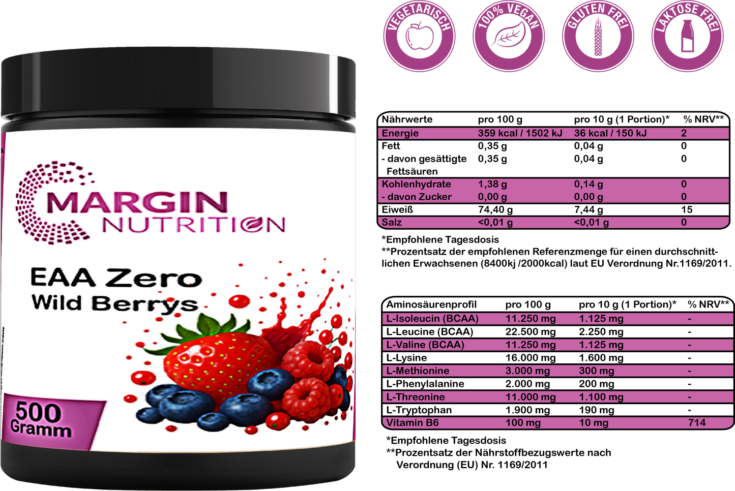 EAA Zero Wild Berrys – Essentielle Aminosäuren ohne Zucker | 250 g, 500 g, 2×500 g, 4×500 g