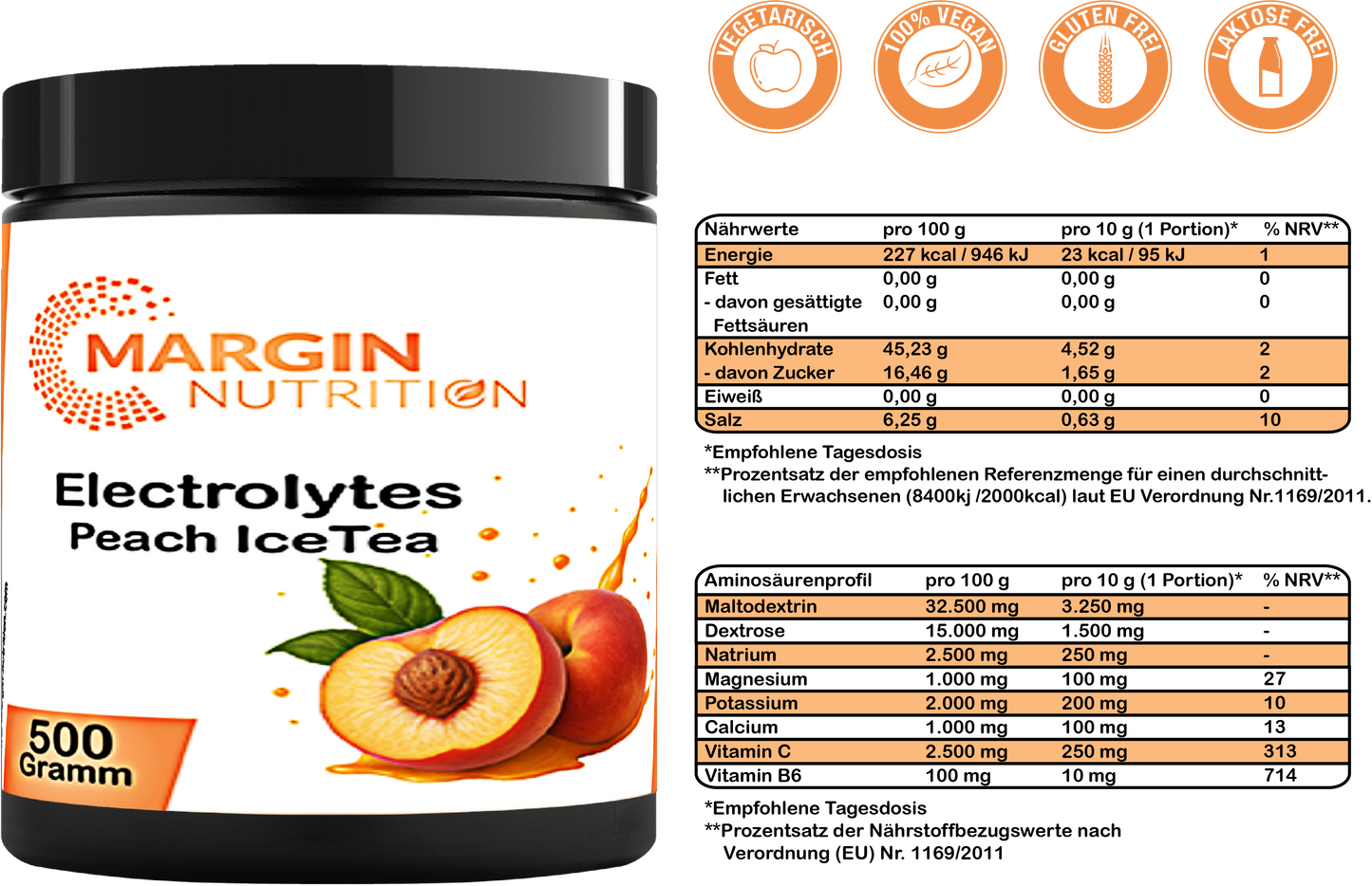 Electrolytes Peach Ice Tea – Elektrolytpulver für Sport & Hydration | 250 g, 500 g, 2×500 g, 4×500 g