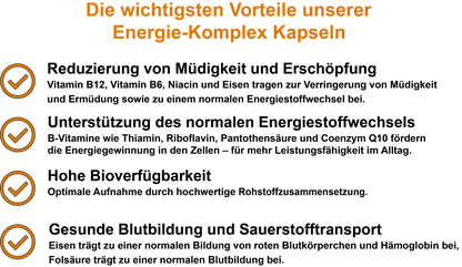 Energie-Komplex / Mit allen 8 B-Vitaminen, Magnesium, Eisen und Coenzym Q10 (30, 60, 2x60, 3x60 Vegane Kapseln)